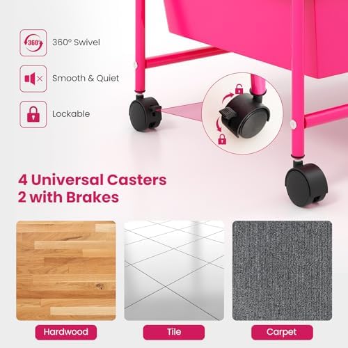 Giantex 9 Drawers Rolling Cart, Classroom Organizers, Storage Cart with Wheels, for Teacher Office Home School Supplies Tool Craft Art Paper, Hot Pink - Image 6
