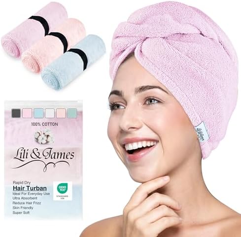 Lili&James 100% Cotton Hair Towel Wrap for Women & Kids – 420 GSM Quick Dry Hair Turban with Double Button Loop, Anti Frizz Non Microfiber Hair Drying Towel for Long & Thick Hair (Blue+Pink+Aqua) by LiliJames