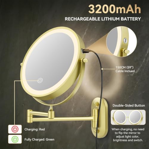 Auxmir 1X/30X Wall Mounted Makeup Mirror, 8" Rechargeable Magnifying Mirror - Image 3