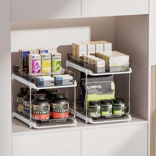 Delamu 2-Tier Multi-Purpose Bathroom Under Sink Organizers and Storage, Stackable Kitchen Pantry Organization, Pull Out Medicine Cabinet Organizer with Movable Dividers, Black, 2 Pack - Image 4