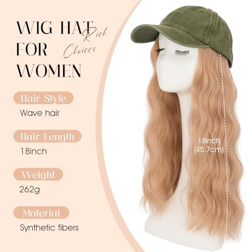 Rich Choices Hat Wigs for Women,Olive Green Baseball Cap with Hair Extensions for Women,Caps with Wavy Curly Synthetic Long Hair Attached Adjustable Baseball Cap Wig 18 Inch Light Blonde Hair - Image 2