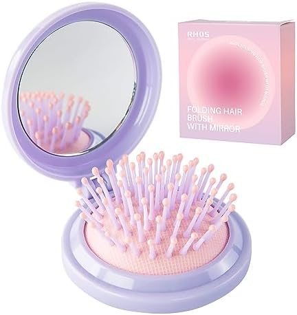 RHOS Hair Brush with Mirror for Women, Girls - Compact Folding Brush with Soft Nylon Bristles and Mirror - Portable Hair Brush for Travel (Purple) by RHOS