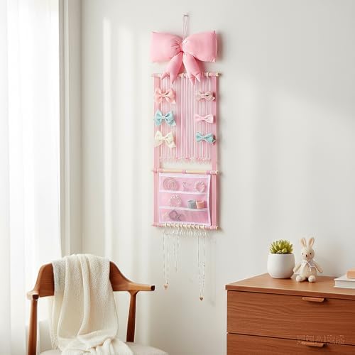 Back to School Pink Hair Bows Holder Headband Organizer for Girls Long Baby Hair Clips Accessories Display Storage Hanging Wall Decor with Hooks Gift for Nursery Toddler Girls Room(Clear Pocket) - Image 4