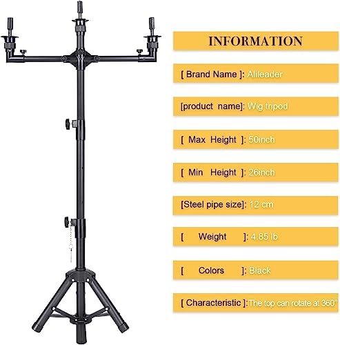 AliLeader 50 Inch 3 Arms Wig Stand Tripod (Mannequin Head Not Included) - Image 3
