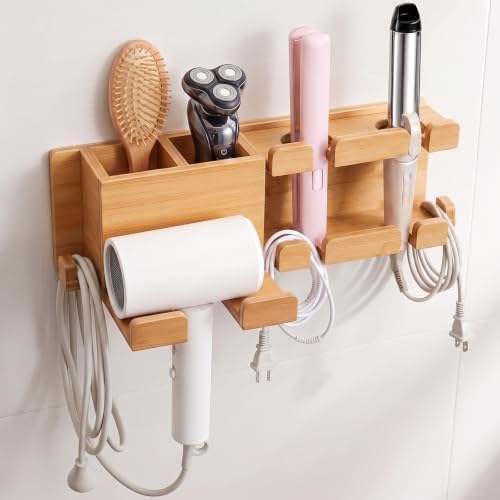 Wenqik Wall Mount Hair Tool Organizer Bamboo Hair Dryer Holder Tool Storage by Wenqik