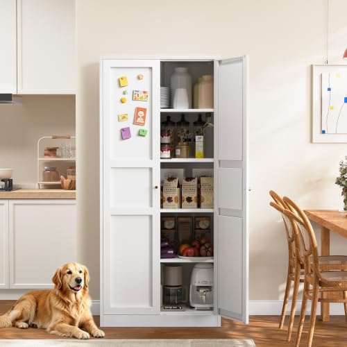 71"Metal Pantry Kitchen Pantry Storage Cabinet Tall White Cabinet with Door by Yizosh