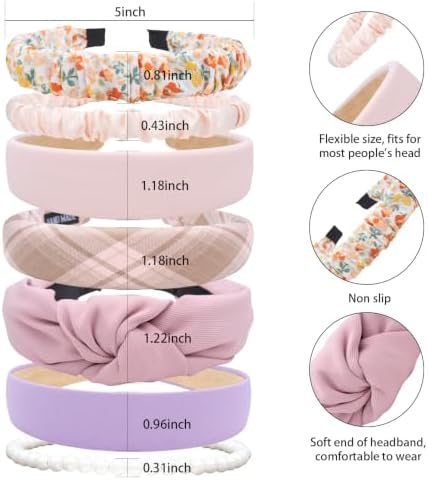 7 Pcs Headbands for Women Girls, Non Slip Cute Pearl Floral Padded Vintage Wide Fashion Multi-style Headbands for Girls (Pink A) - Image 4