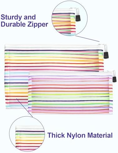 Mesh Bags with Zipper (6 Pack), Nylon Makeup Bag Cosmetic Pouches Travel Organizer Case for Purse Diaper Bag Home Organizing Striped Multi Size White - Image 4