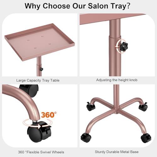 Salon Tray Cart, Tattoo Tray Rolling Tray Adjustable Height, Pink Storage Tray Cart, Hair Stylist Tray Cart Service Tray Trolley for Home Salon Clinic Spa (Rose Gold) - Image 3