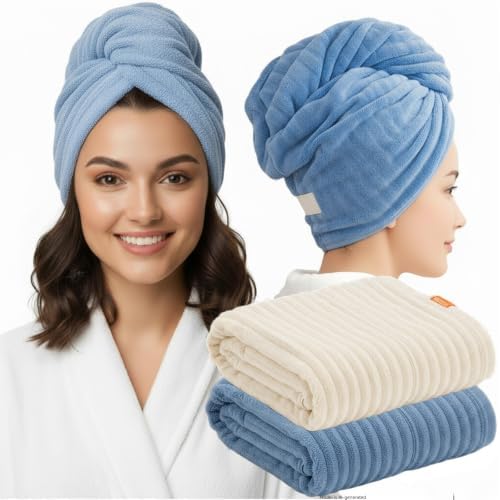 2-Pack Microfiber Hair dring Towel | 50% Faster Drying, Ultra Absorbent & Frizz Control | for Long/Curly Hair | 40 * 11" Large Size | Travel Gym Home Use(Bule,White) by YHPDYL