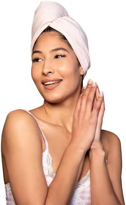 T-Shirt Hair Plopping Towel for All Textures - Cotton Blend Water Absorption Turban with Secure Button - Moisture Gentle Styling and Setting Wrap - Pink by KISMETICS