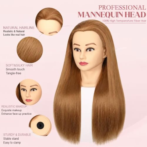 80% Human Hair Mannequin Head 26 Inch #27 Honey Blonde - Cosmetology Doll Head for Hair Styling Braiding Practice Cutting Heat Resistance, Hairdresser Training Head with Clamp - Image 5