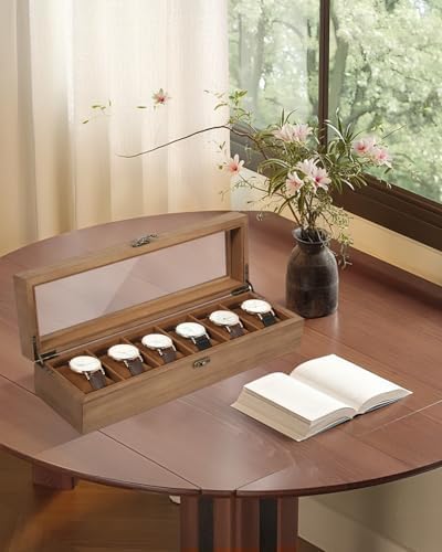Uten Wooden Watch Box 6 Slot, Watch Display Case with Glass Lid, Brown - Image 3