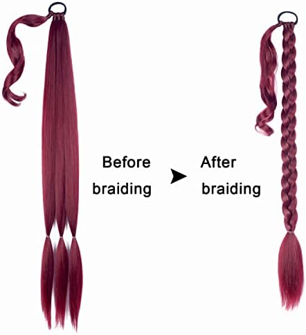 34 Inch Burgundy Long Braided Ponytail Extension with Hair Tie for Women - Image 4