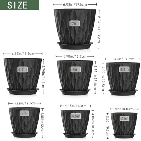 4/4.5/5/5.5/6/6.5/7 Inch Plant Pots,7 Pack Flower Pots with Drainage Holes and Trays,Plastic Planters for Indoor Outdoor Plants Growth,Black - Image 2