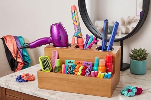 Hair Tools Organizer - Wood Tan - Blow Dryer, Straightener, Curling Wand, Brushes Holder - Vanity & Bathroom Storage - Wall Mount or Sit on Counter - Image 2