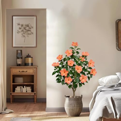 Briful 49.6" Artificial Hibiscus Trees 2 Pack, Faux Tropical Plants, Peach - Image 6