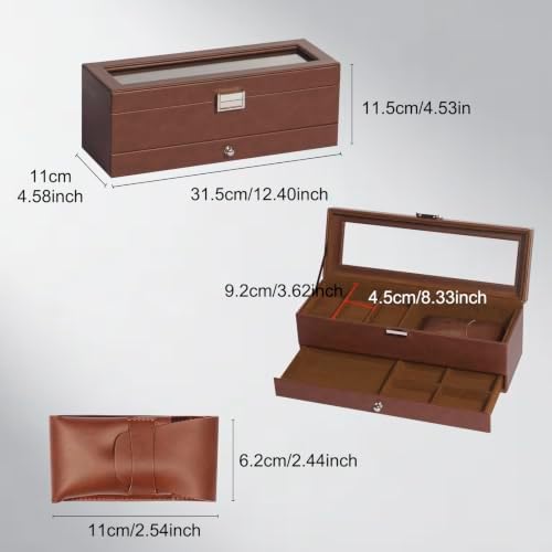 Watch and Sunglasses Box, 3 Slots, Glass Lid and Drawer for Men - Image 4