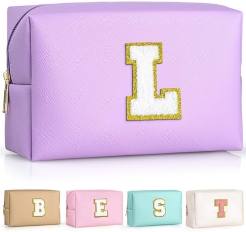 TOPEAST Personalized Birthday Gifts for Women, Preppy Patch Makeup Bag, Chenille Letter Pouch Cosmetic Bag, Travel Organizer, Gifts for Friends, Cute Stuff for Women (Purple L) by TOPEAST