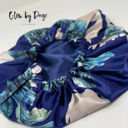 Glow By Daye Satin Bonnet, Double-Layered and Adjustable Satin Sleep Cap, Extra Large, Reversible St. Lucia Navy (Navy Floral) - Image 3