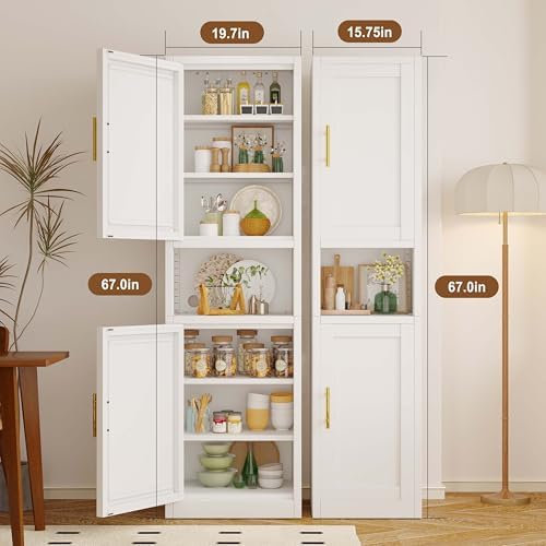 67" Tall Narrow Bathroom Storage Cabinet, Metal Pantry Cabinet, White - Image 4