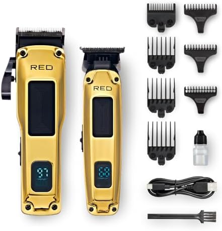 Red by Kiss Cordless Clipper & Trimmer Combo Set for Hair & Beard Grooming, Professional Fade Clipper with Precision T-Blade Trimmer, Rechargeable Haircut Kit for Home & Barber Use (Gold) by REDbyKISS