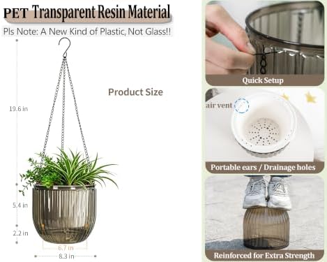 Melphoe 2 Pack Self Watering Hanging Planters Indoor Flower Pots, 8.3 Inch Outdoor Hanging Basket, Plant Hanger with 3Hooks Drainage Holes for Garden Home (Gray) - Image 6