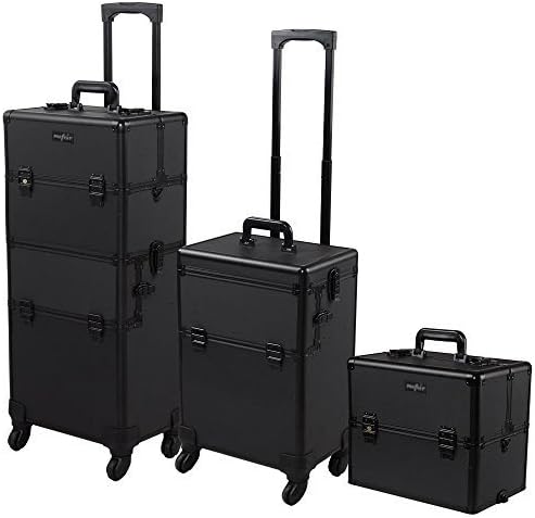 mefeir 2 in 1 Rolling Makeup Train Case Professional Cosmetic trolley on Wheels Aluminum Nail Cart Cosmetic Suitcase for professional makeup artist, Luggage Lockable w/4 Removable Wheels (Black) - Image 3