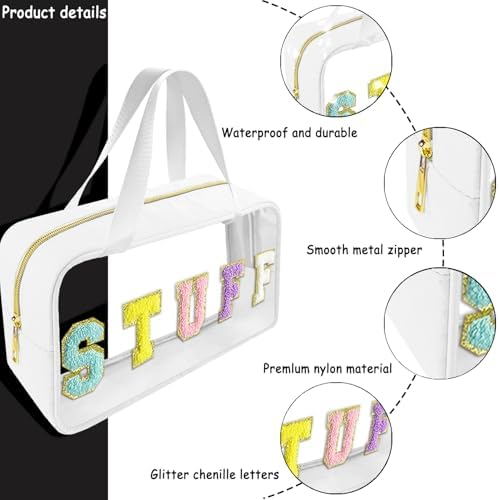 Bunliuys Chenille Letter Clear Makeup Bag Stuff Patch, Travel Toiletry Makeup Bag with Handle, Nylon Waterproof Makeup Bags clear cosmetic bag, preppy patch makeup bag for Women (STUFF-White) - Image 3