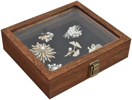 MOOCA Tempered-Glass Top 2 pieces Set Small Wooden Jewelry Display Case with Removable Black Luxurious Velvet Jewelry Display Pad, Deeper 2.2" Design for Collectibles, Brown Color. - Image 2