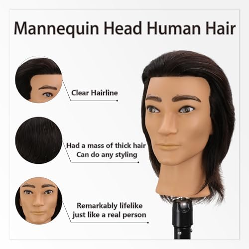 12" Male Mannequin Head with 100% Real Human Hair for Barber Exam & Styling Practice Training, Professional Haircut Manikin Doll Head with Free Clamp Stand, Deep Black - Image 3