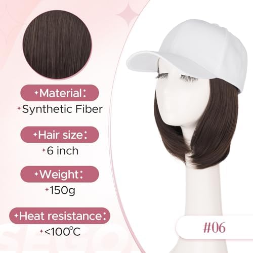 SEGO Baseball Cap with Hair Extensions for Women Heat Resistant Synthetic Hair Attached Short Straight Hairpiece White Baseball Cap Wig Adjustable Hat Wigs for Women 6 Inch 6A Dark Brown - Image 5