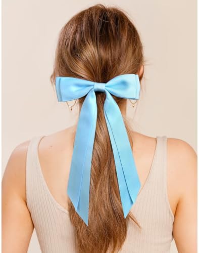 2PCS Silky Satin Hair Bows Hair Clip Blue Hair Ribbon Ponytail Holder Accessories Slides Metal Clips Hair Bow for Women Girls Toddlers Teens Kids - Image 7