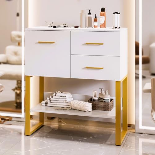 OmySalon Professional Barber Station, Salon Stations for Hair Stylist, Storage Cabinet with 3 Hair Dryer Holders, 2 Drawers, Hairdressing Organizer Table for Beauty Spa Barbershop Home, White Gold by OmySalon