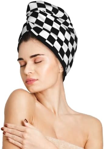 Black and White Checkerboard Hair Towel Wrap Microfiber Fast Drying Hair Turban with Buttons for Women Men Drying Curly, Long & Thick Hair by DecorateYourLife