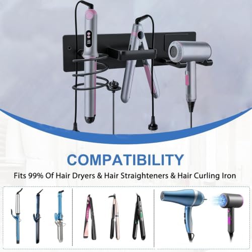 3-in-1 Aluminum Hair Dryer Holder, Matte Black Styling Tools Rack - Image 2