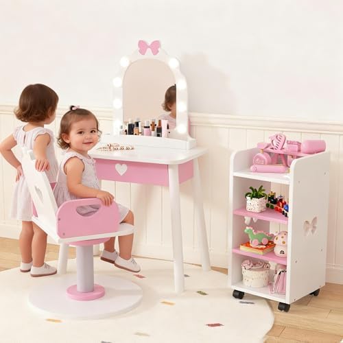 Wooden Kids Vanity Table and Chair Set with Light and Mirror, Princess Makeup Vanity Desk with Barber Chair and Rolling Cart, Pretend Hair Salon Play Set, Toddler Vanity Set for Girls, White - Image 7
