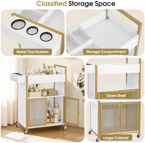 BarberPub Rolling Salon Cart with Power Outlet, Barber Trolley with Metal Tool Holder & Storage Cabinet, Beauty Salon Equipment with Mesh Doors for Hair Stylist 2087(White) - Image 3