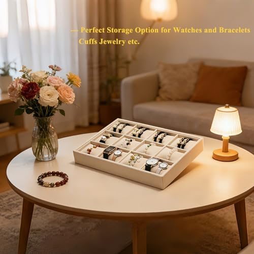 Jewelry Watch Tray Organizer Bracelets Display Case Holder, Beige 12-Slots - Image 6