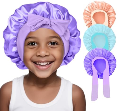 3Pcs Kids Silk Satin Bonnet for Sleeping - Baby Hair Sleep Bonnet,Kids Bonnets for Girls Toddler Child with Wide Elastic Tie Band,Night Cap Hats for Curly Natural Hair(Purple+Blue+Gold) by FIRSTPELLA