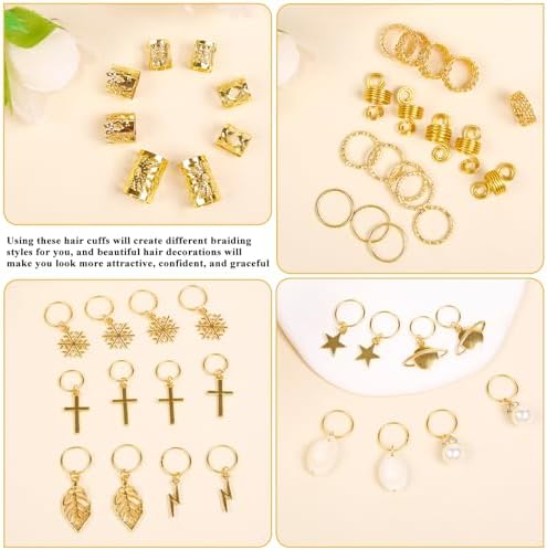259 Pcs Hair Jewelry for Braids,Gold Hair Accessories for Women,Loc Jewelry for Hair Dreadlock Metal Hair Charms Braids Rings Cuffs Clips for Dreadlock Accessories Extensions Decorations Gold - Image 3