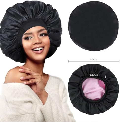 Double Layer Adjustable Satin Bonnets for Sleeping (Black and Pink) - Image 4