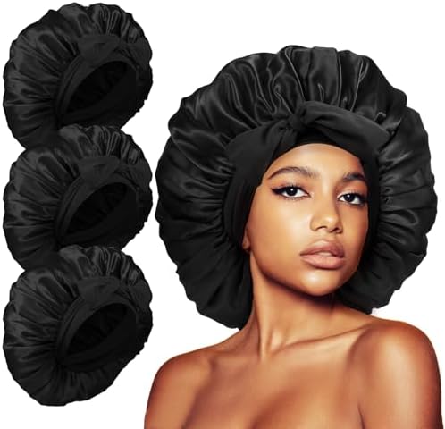 3Pcs Bonnets for Sleeping, Extra Satin Silk Bonnet for Sleeping Women with Tie Band for Curly Hair Jumbo Bonnet Braids by KAFTERI