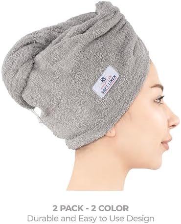 American Soft Linen 100% Cotton Hair Towels for Women, Head Towel Cap, Cotton Hair Turban Towel Wrap for Hair, Soft and Absorbent Cotton Hair Towels 2 Pack, White-Light Gray - Image 3