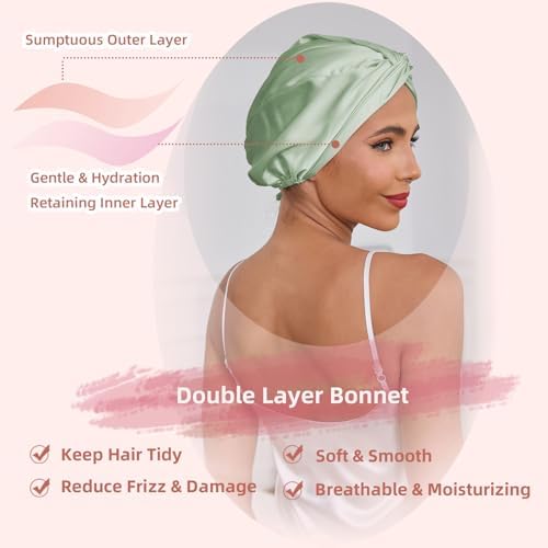 Adjustable Silk Satin Hair Bonnet for Sleeping Women, Double Layer, Silk Hair Wrap for Sleeping Women Men, Curly Natural Braid Straight Unisex - Green - Image 3