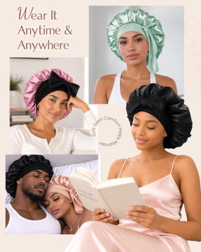 BONNET QUEEN Silk Bonnet for Sleeping Women HYALURONIC Acid Double Layer Satin Lined Bonnet Night Sleep Cap Wrap for Curly Hair with Adjustable Tie Band & Scrunchie, Black - Image 6