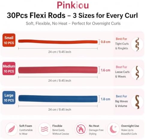 Pinkiou 30 PCS Flexi Rods for Hair, 9.45" Heatless Curling Rods No Heat Hair Rollers, 3 Sizes Large Soft Foam Flexible Twist Hair Curlers for Overnight Curls - Long & Short Hair - Image 5