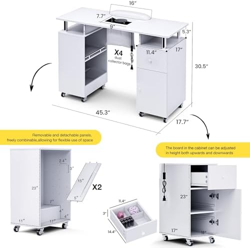 Manicure Table Nail Desk with Dust Collector & Wheels (White) - Image 3