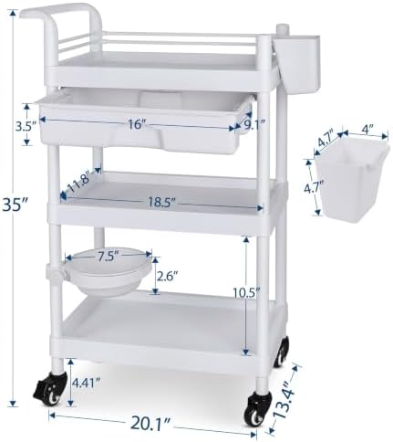 Medical Carts with Wheels 3-Tier Mobile Trolley Cart 100 LBS Max Load Medical Rolling Utility Cart with Drawers Dirt Basin Storage Buckets for Hospital Dental Clinic Lab Salon Home - Image 2