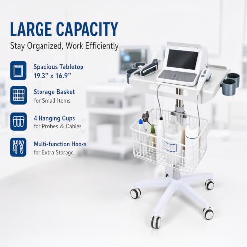 Medical Mobile Cart, 33.46-43.71in Height Adjustable Metal Trolley Cart with Medical Tray Wheels Rolling Equipment Large Tabletop & Storage Basket for Laptop Hospitals Scanner Ultrasound EKG - Image 5